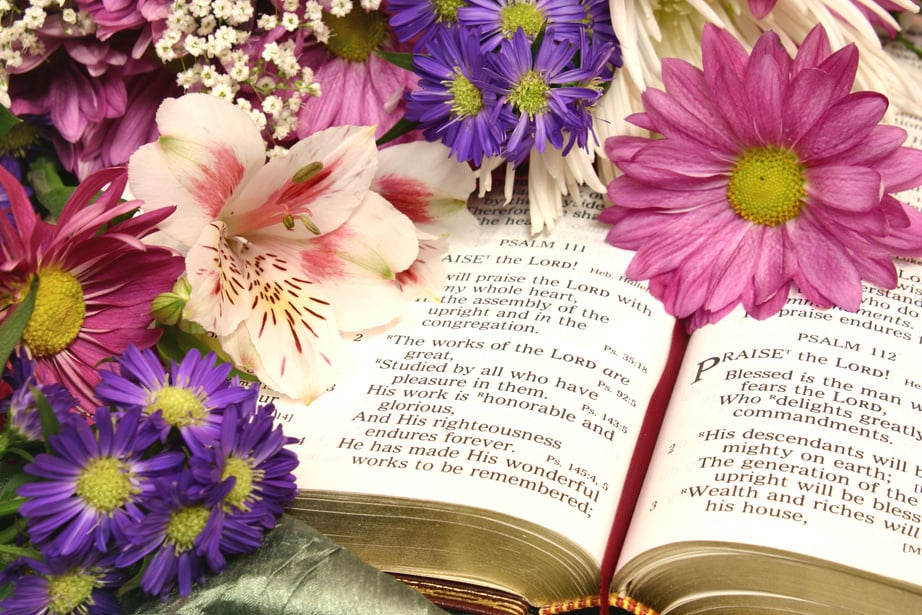 Religious: Psalm 111 Bible scripture with flowers